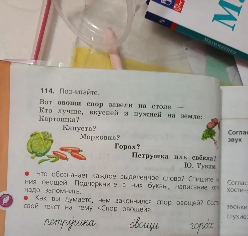 Определи, что обозначает каждое выделенное слово, спиши слова и подчеркни буквы, написание которых надо запомнить. Придумай, чем закончился спор овощей, и составь свой текст на тему «Спор овощей».