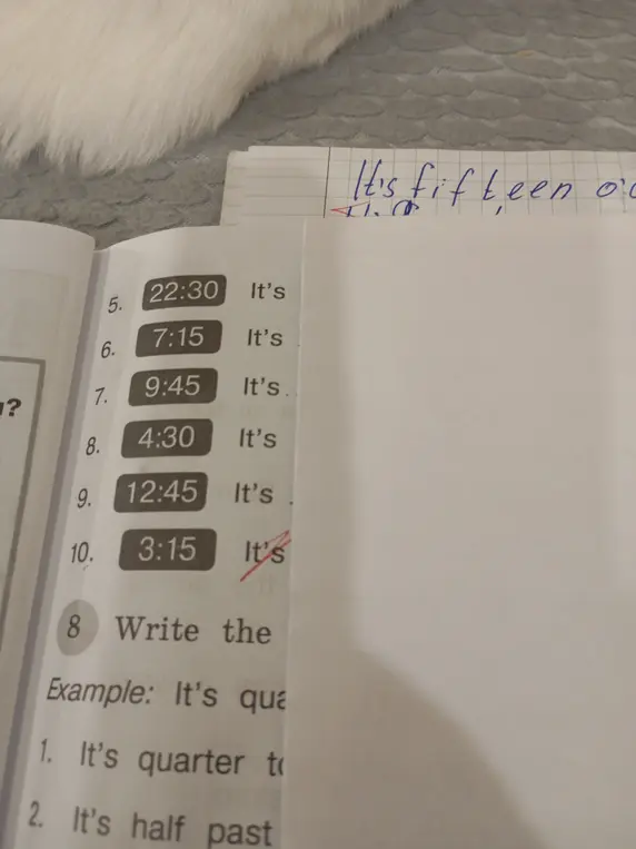 Напиши время на английском: 22:30, 7:15, 9:45, 4:30, 12:45, 3:15.