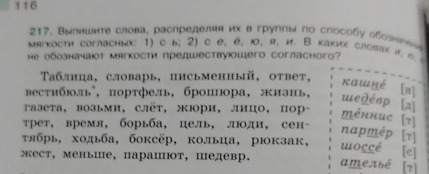 Выпиши слова, распределяя их в группы по способу обозначения мягкости согласных.