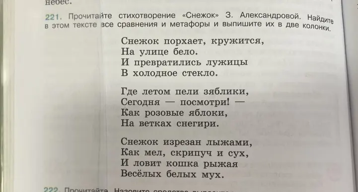 Найди в стихотворении «Снежок» сравнения и метафоры и выпиши их в две колонки.