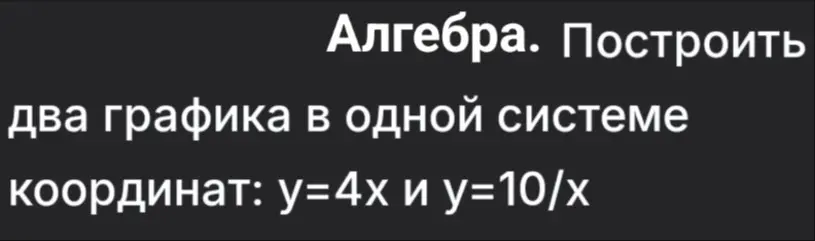 Построй два графика в одной системе координат: y=4x и y=10/x