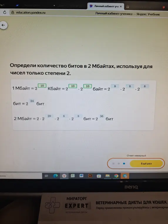 Определи количество битов в 2 Мбайтах, используя для чисел только степени 2.