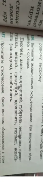 Выпиши эмоционально окрашенные слова из списка: Песочек, завет, здоровущий, губитель, мешанина, крохотулька, вещий, грядущий, вдохновить, глупыш, испепелить. Прочитай стихотворение и определи, какие омонимы обыгрываются в этом стихотворении.