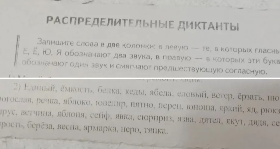 Запиши слова в две колонки: в левую - те, в которых гласные Е, Ё, Ю, Я обозначают два звука, в правую - в которых эти буквы обозначают один звук и смягчают предшествующую согласную.