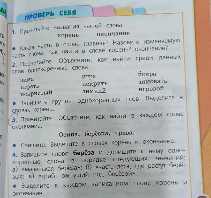 Прочитай названия частей слова, ответь на вопросы, прочитай и объясни, как найти однокоренные слова, запиши группы однокоренных слов, прочитай и объясни, как найти окончание, спиши и выдели корень и окончание, запиши слово берёза и допиши однокоренные слова.