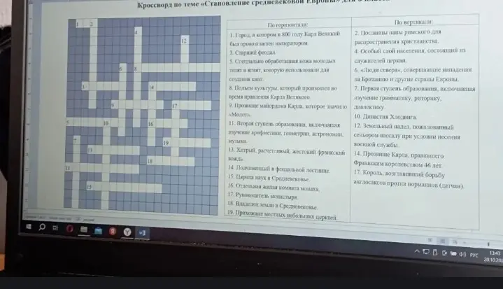 Реши кроссворд по теме «Становление средневековой Европы» для 8 класса.