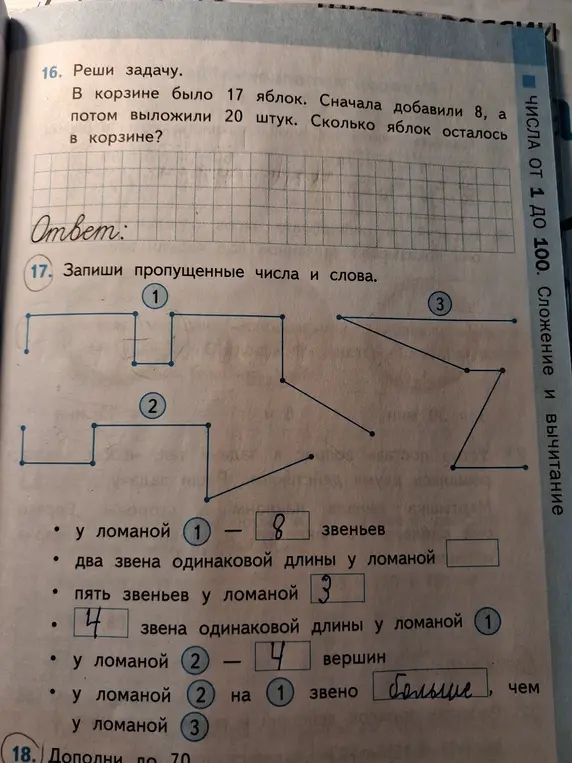 Реши задачу: В корзине было 17 яблок. Сначала добавили 8, а потом выложили 20 штук. Сколько яблок осталось в корзине? Запиши пропущенные числа и слова.