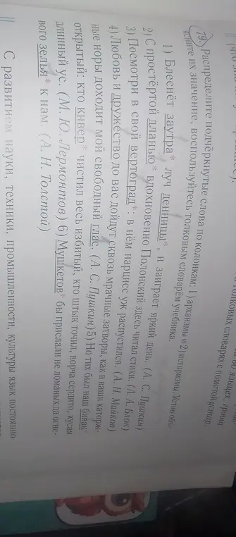 Распредели подчеркнутые слова по колонкам: архаизмы и историзмы.