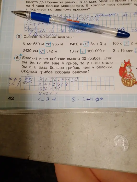 Реши задачу: Белочка и ёж собрали вместе 20 грибов. Если бы ёж нашёл ещё 4 гриба, то у него стало бы в 2 раза больше грибов, чем у белочки. Сколько грибов собрала белочка?