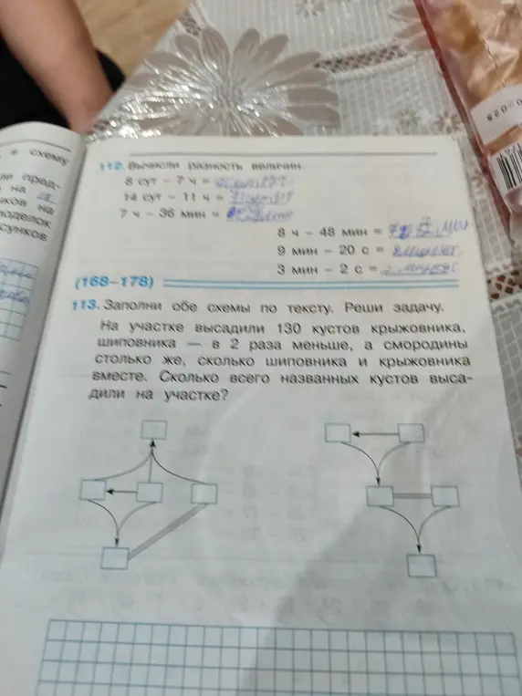 Заполни схемы по тексту и реши задачу про кусты крыжовника, шиповника и смородины.