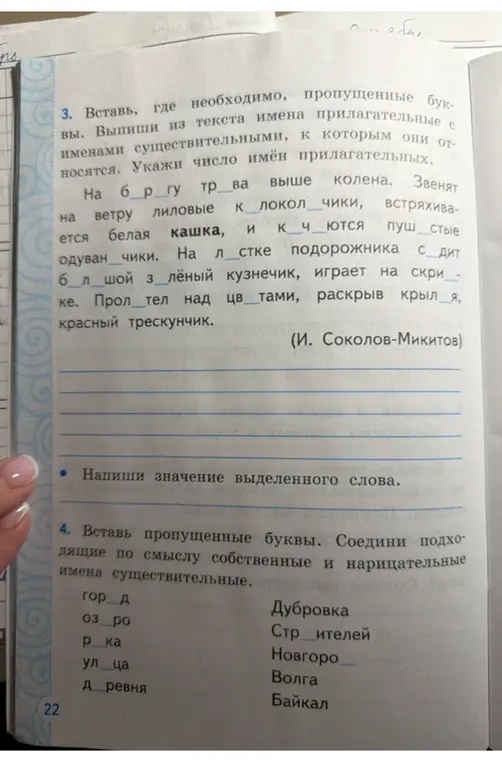 Вставь пропущенные буквы, выпиши имена прилагательные с именами существительными, к которым они относятся. Укажи число имён прилагательных. Вставь пропущенные буквы. Соедини подходящие по смыслу собственные и нарицательные имена существительные.