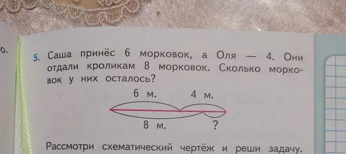 Реши задачу: Саша принёс 6 морковок, а Оля — 4. Они отдали кроликам 8 морковок. Сколько морковок у них осталось?