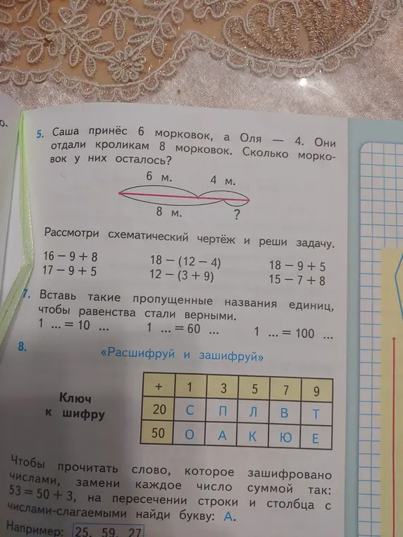 Реши задачу про морковки, задачу со схематическим чертежом, примеры и расшифруй слово.