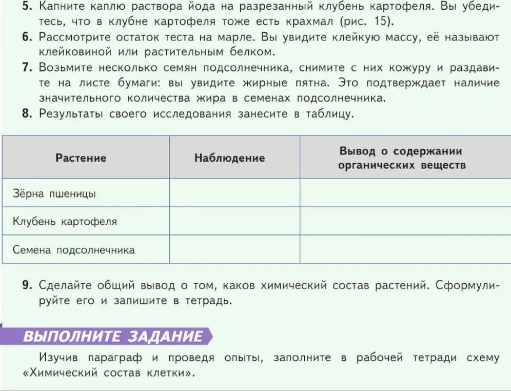 Заполни таблицу про содержание органических веществ в растениях.