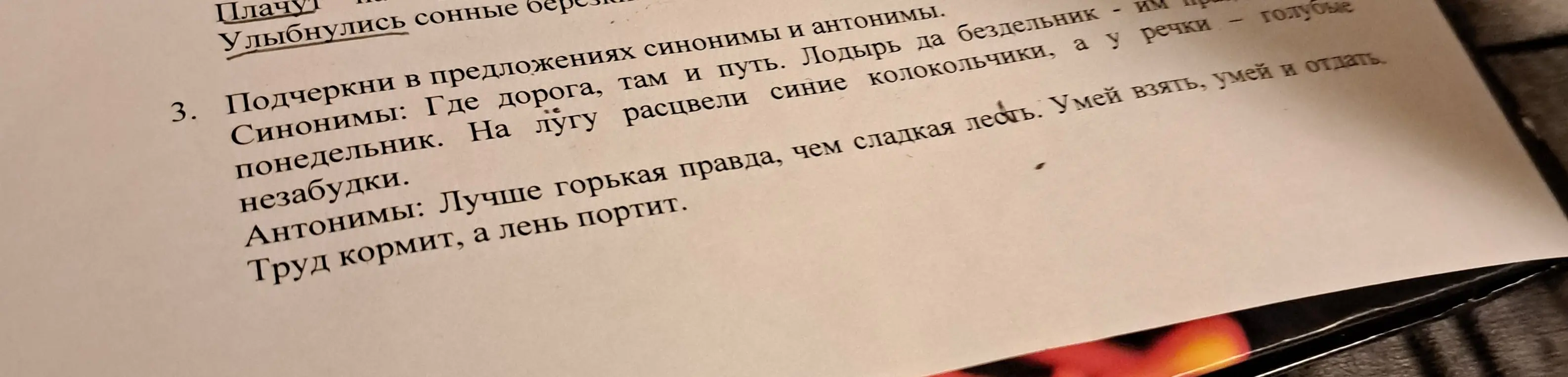 Подчеркни в предложениях синонимы и антонимы.