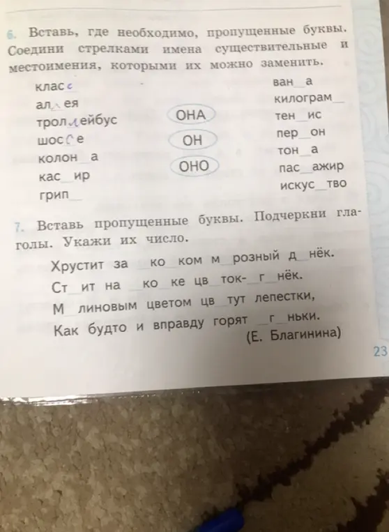 Вставь, где необходимо, пропущенные буквы и соедини стрелками имена существительные и местоимения, которыми их можно заменить. Вставь пропущенные буквы, подчеркни глаголы. Укажи их число.