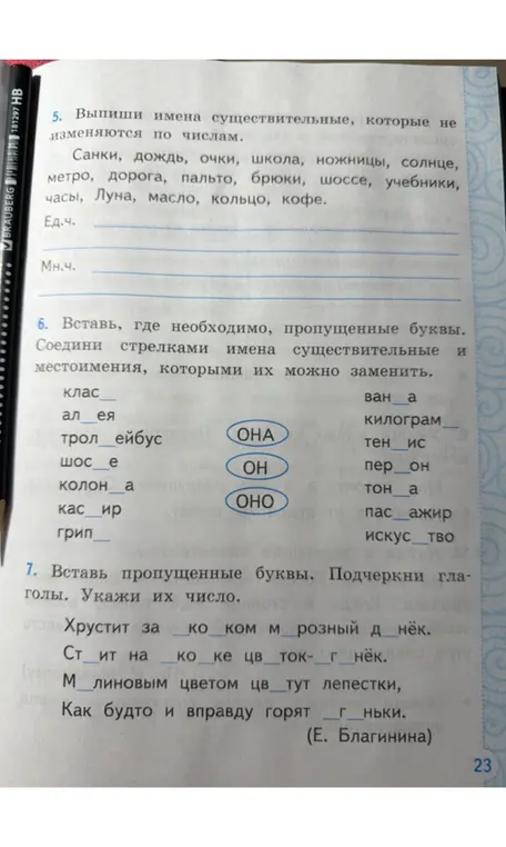 Выпиши имена существительные, которые не изменяются по числам; вставь, где необходимо, пропущенные буквы и соедини стрелками имена существительные и местоимения, которыми их можно заменить; вставь пропущенные буквы и подчеркни глаголы, укажи их число.