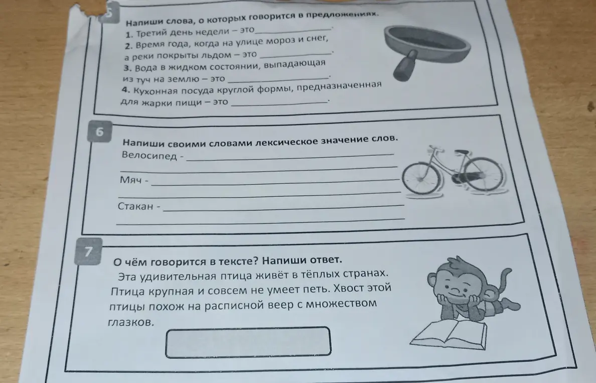 Напиши слова, о которых говорится в предложениях; напиши своими словами лексическое значение слов и ответь о чём говорится в тексте.