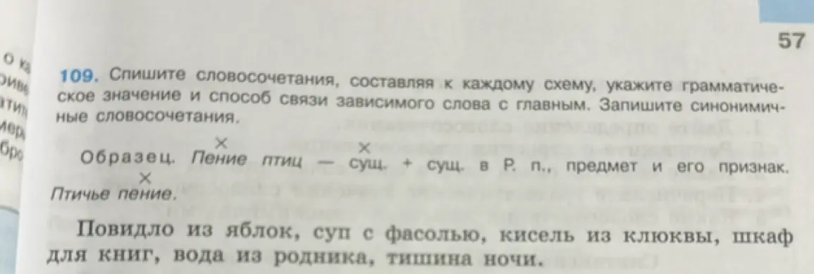 Спиши словосочетания, составляя к каждому схему, укажи грамматическое значение и способ связи зависимого слова с главным. Запиши синонимичные словосочетания.
