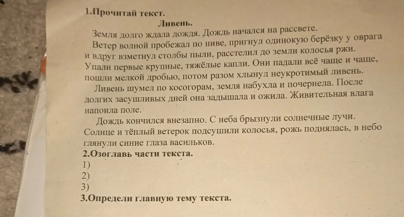 Прочитай текст про ливень, озаглавь части текста и определи главную тему текста.