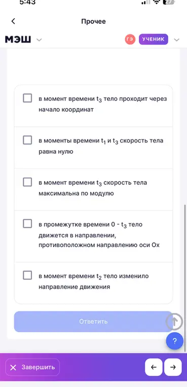 Выбери два верных утверждения, соответствующих движению тела на графике зависимости координаты тела на оси Ox от времени.