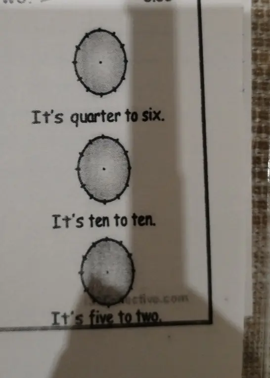 Определи время на часах: It's quarter to six, It's ten to ten, It's five to two.