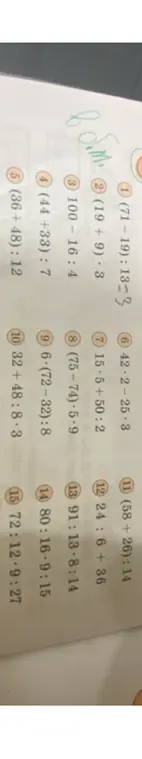 Реши примеры: (71-19):13-3, (19+9)*3, 100-16:4, (44+33):7, (36 + 48) : 12, 42*2-25*3, 15*5+50:2, (75-74)*5*9, 6-(72-32):8, 32+48:8*3, (58 +26): 14, 24:6+36, 91:13*8:14, 80:16*9:15, 72:12*9:27