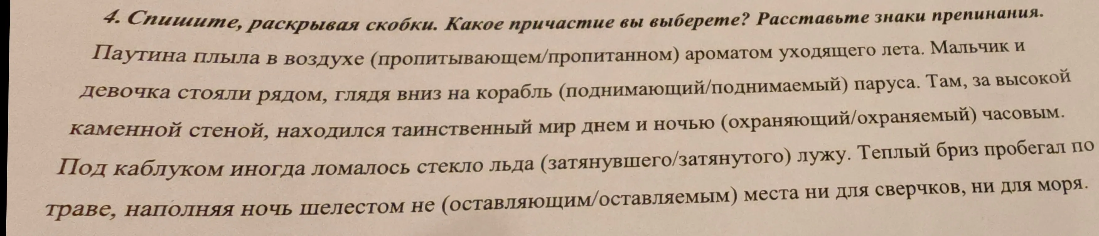 Спиши, раскрывая скобки. Выбери причастие и расставь знаки препинания.