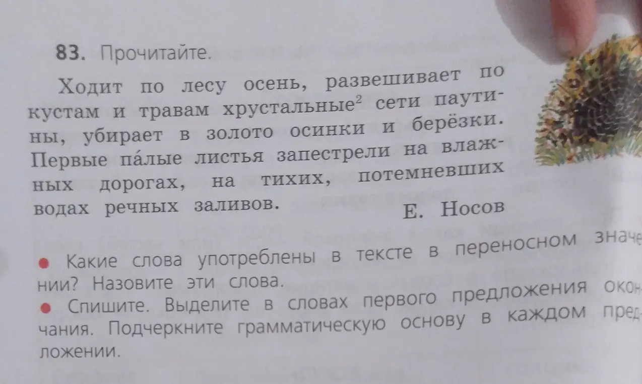 Определи слова, употребленные в тексте в переносном значении и спиши первое предложение, выдели окончания и подчеркни грамматическую основу.