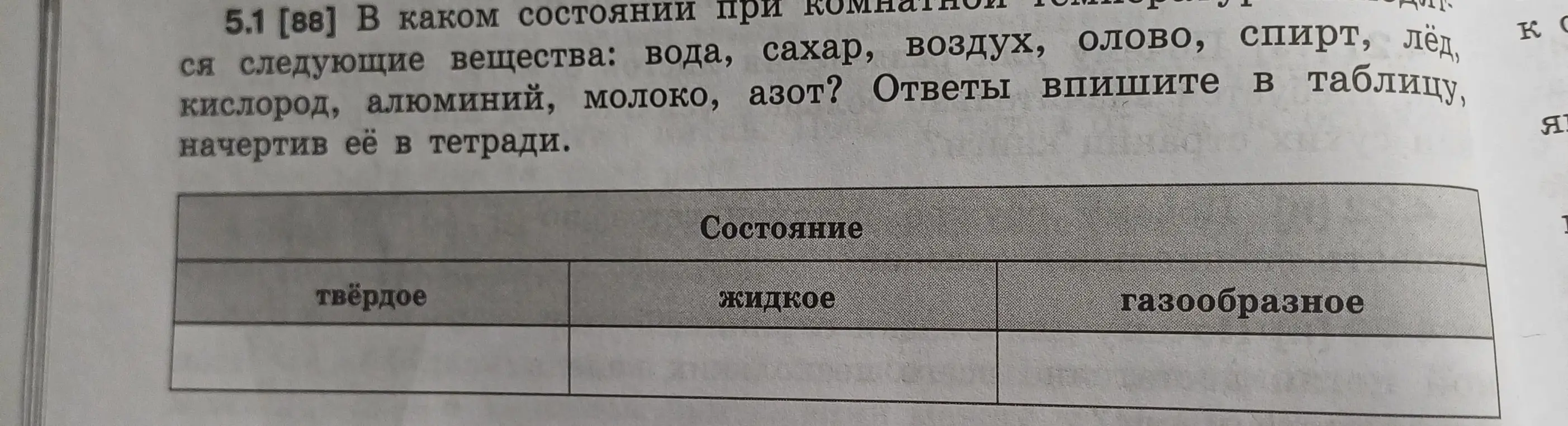 Определи состояние веществ: вода, сахар, воздух, олово, спирт, лёд, кислород, алюминий, молоко, азот.