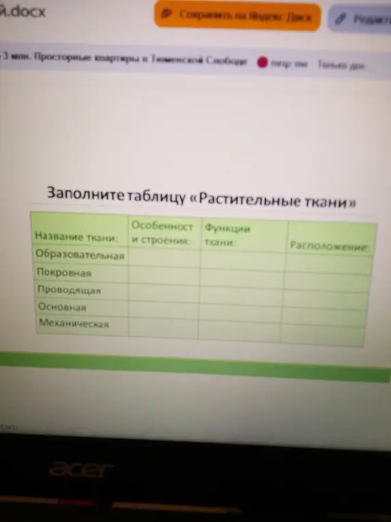 Заполни таблицу «Растительные ткани»