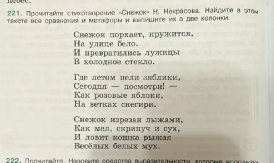 Найди в стихотворении «Снежок» Н. Некрасова все сравнения и метафоры и выпиши их в две колонки.