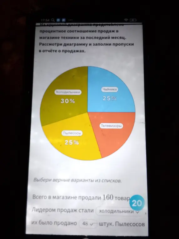 Рассмотри диаграмму и заполни пропуски в отчёте о продажах.