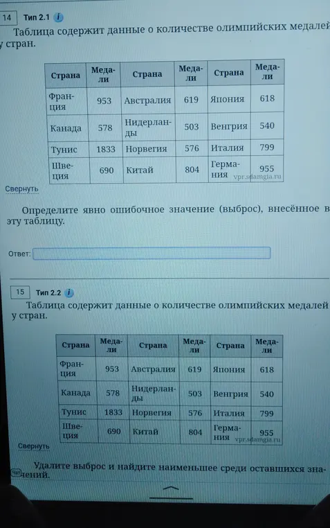 Определи явно ошибочное значение в таблице и удали выброс и найди наименьшее среди оставшихся значений.
