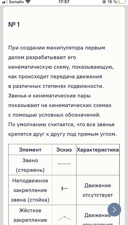 Объясни текст про создание манипулятора и элементы в таблице.