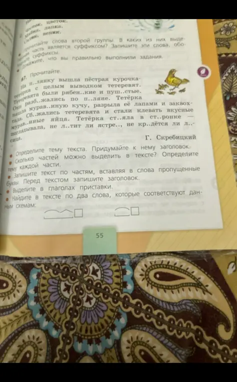 Прочитай текст про тетёрку и выполни задания: определи тему, придумай заголовок, выдели части текста, вставь буквы, выдели приставки в глаголах, найди слова по схемам.
