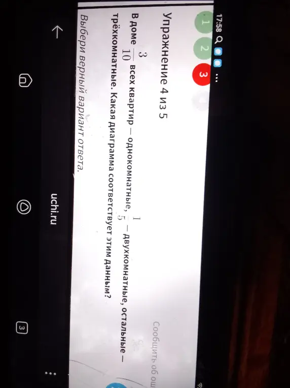 Выбери верный вариант ответа. В доме 3/10 всех квартир — однокомнатные, 1/5 — двухкомнатные, остальные — трёхкомнатные. Какая диаграмма соответствует этим данным?