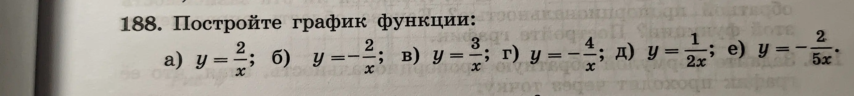 Построй графики функций a) y = 2/x; б) y = -2/x; в) y = 3/x; г) y = -4/x; д) y = 1/(2x); e) y = -2/(5x).