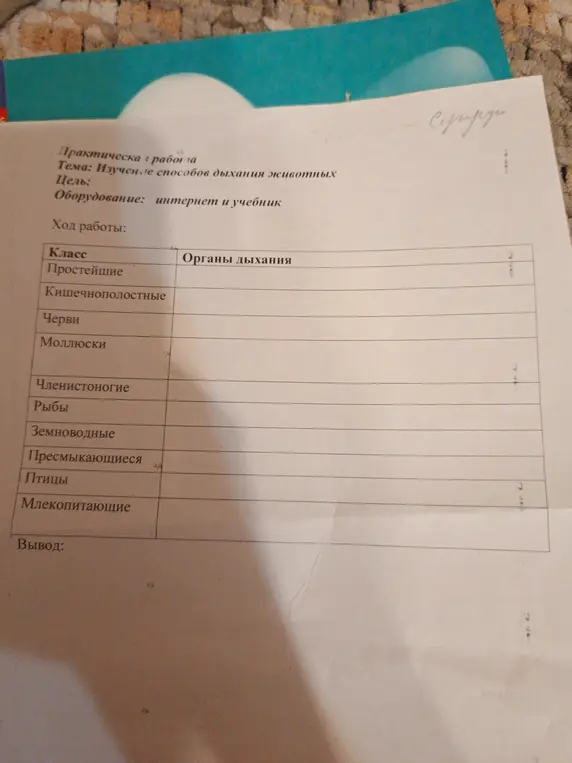 Заполни таблицу про органы дыхания у разных классов животных.