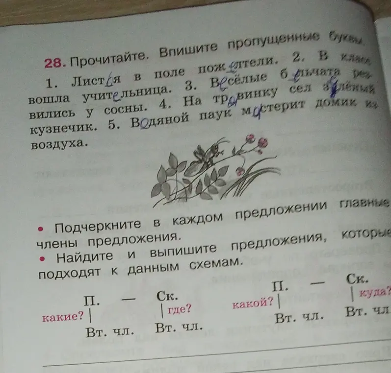Впиши пропущенные буквы, подчеркни главные члены предложения и найди предложения, которые подходят к данным схемам.