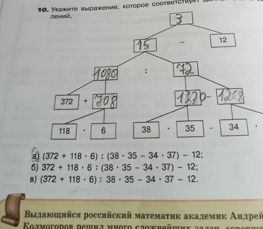 Укажи выражение, которое соответствует данной схеме вычислений.