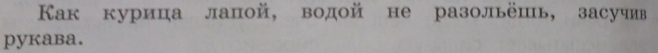 Объясни смысл пословицы «Как курица лапой, водой не разольёшь, засучив рукава» и выполни синтаксический разбор.