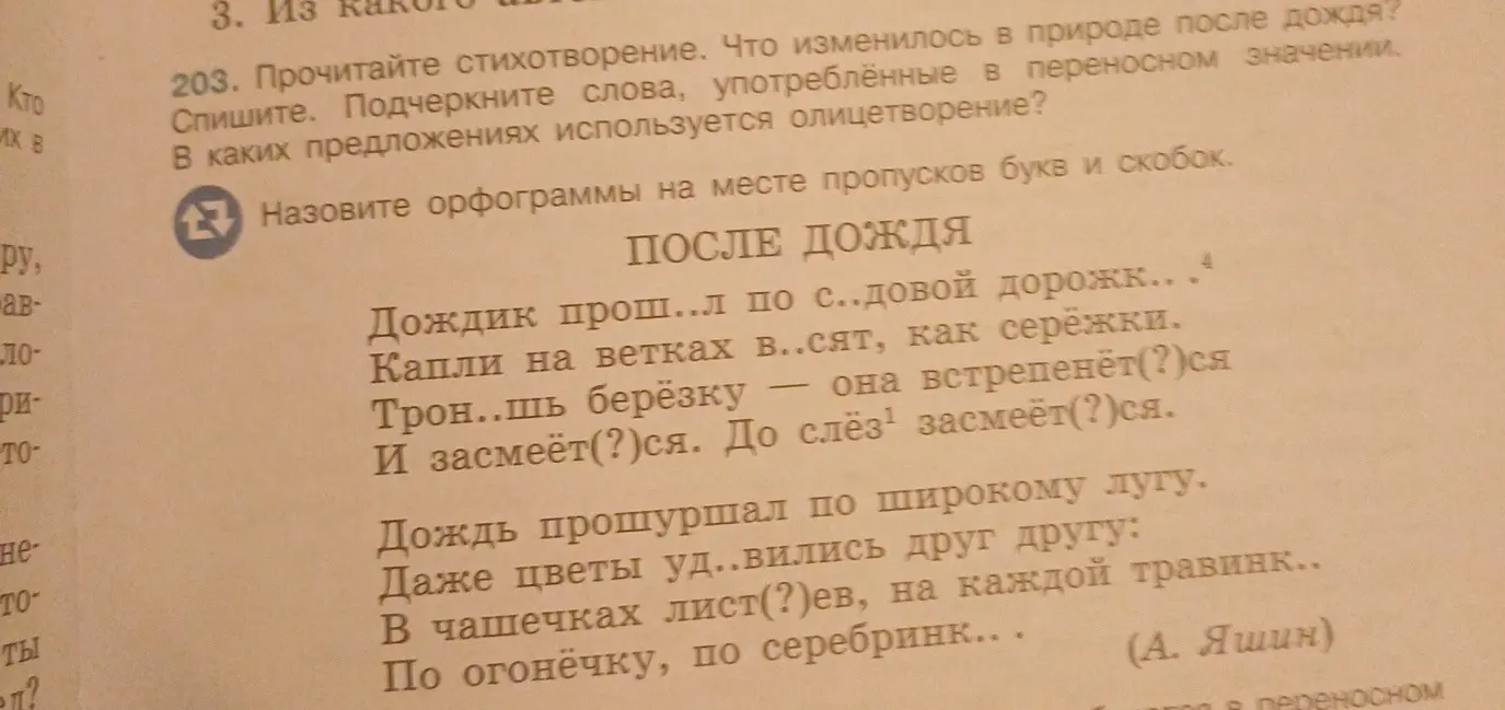 Прочитай стихотворение, ответь на вопросы: что изменилось в природе после дождя, спиши, вставь пропущенные буквы и скобки, подчеркни слова в переносном значении, определи предложения с олицетворением.