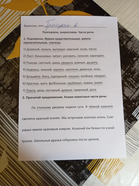 Подчеркни имена существительные, имена прилагательные, глаголы в предложенных словах и прочитай предложения, укажи известные части речи.