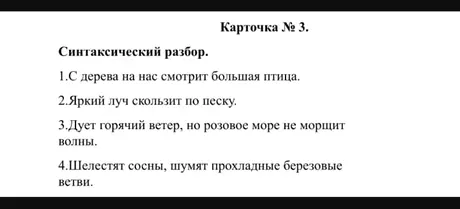 Выполни синтаксический разбор предложений: 1. С дерева на нас смотрит большая птица.