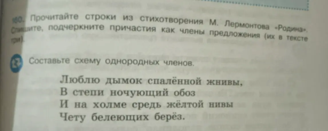 Спиши строки из стихотворения М. Лермонтова «Родина», подчеркни причастия как члены предложения и составь схему однородных членов.