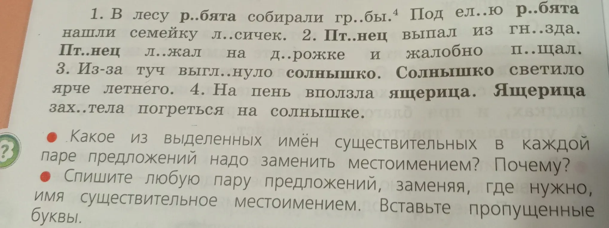 Определи, какое из выделенных имён существительных в каждой паре предложений надо заменить местоимением и почему. Спиши любую пару предложений, заменяя, где нужно, имя существительное местоимением. Вставь пропущенные буквы.