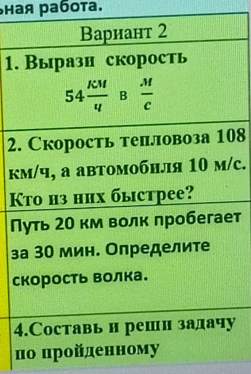 Вырази скорость 54 км/ч в м/с, сравни скорости тепловоза 108 км/ч и автомобиля 10 м/с, определи скорость волка, пробегающего 20 км за 30 мин и составь задачу по пройденному пути.