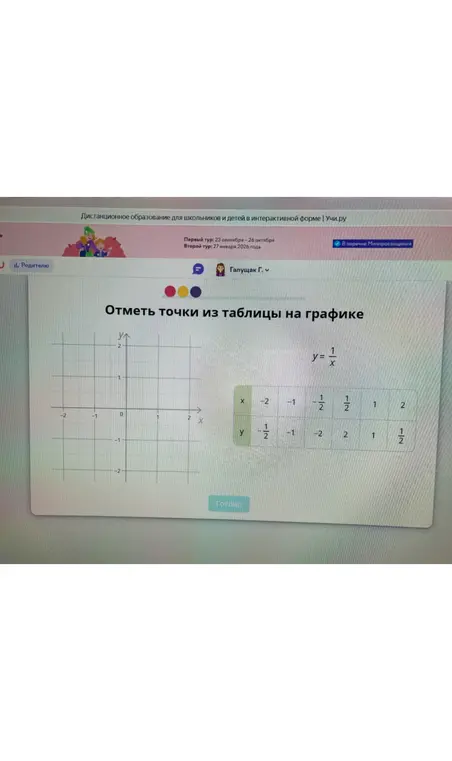 Отметь точки из таблицы на графике функции y = 1/x