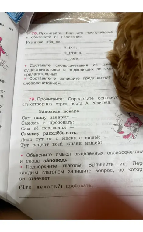 Впиши пропущенные и объясни их написание в задании 78, определи основную мысль стихотворных строк поэта А. Усачёва в задании 79.